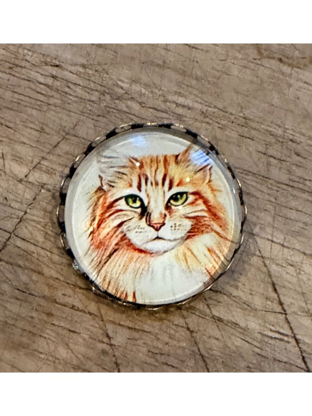 Vintage Cat Illustration Pin With Green Eyes & Metal Backing 1 Inch Diameter